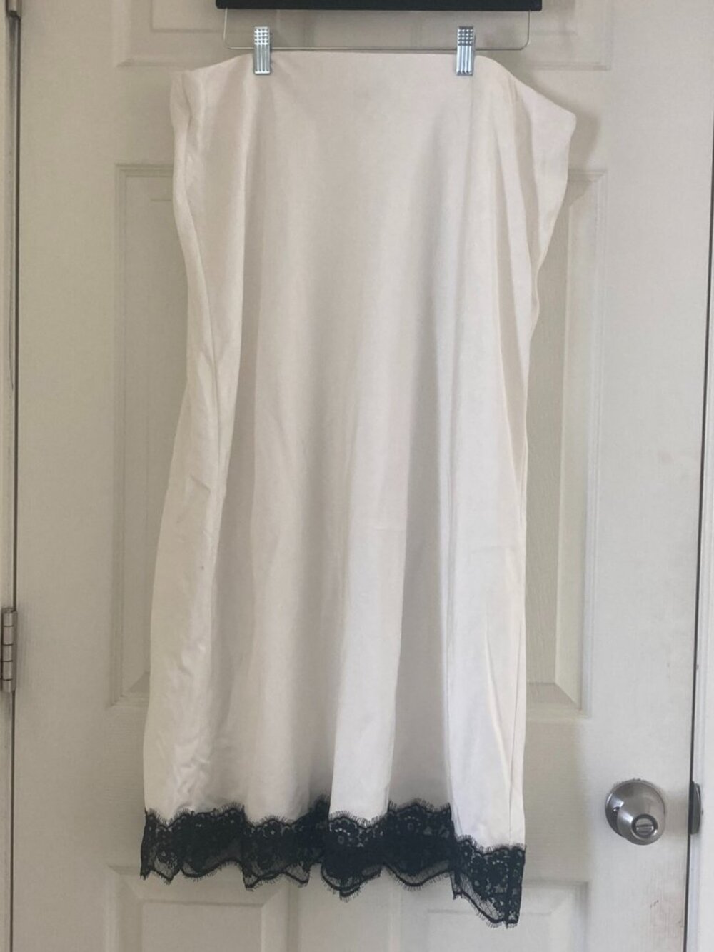 NWOT A New Day White Satin Midi Slip Skirt Black Lace Trim Hem Size L